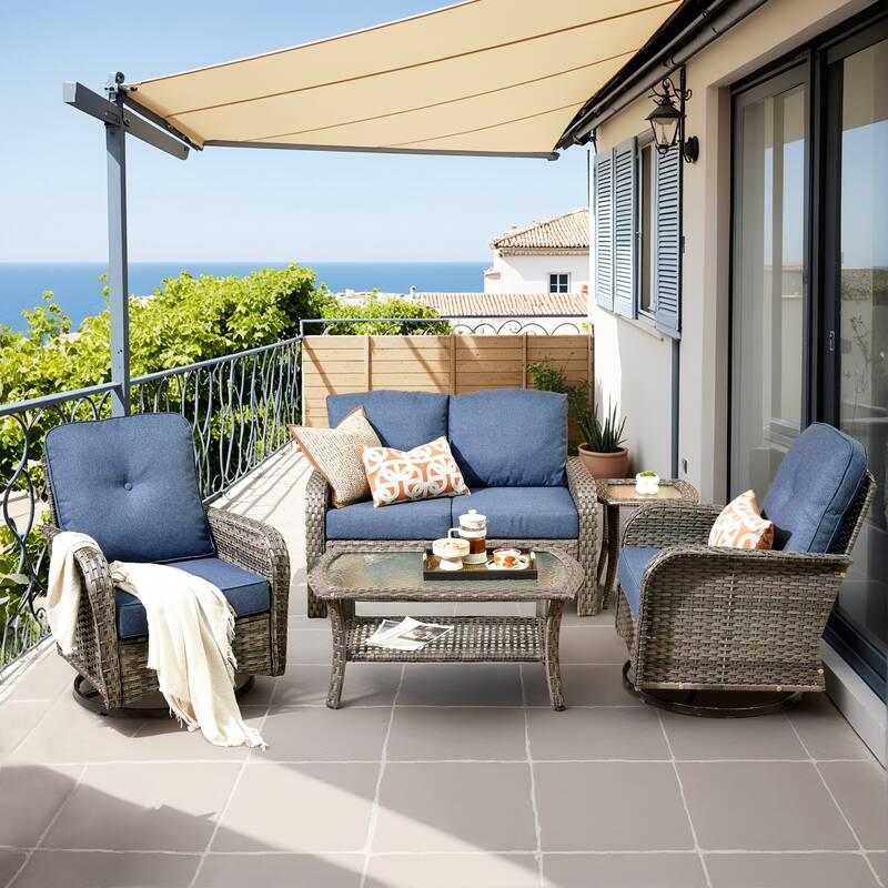 HOOOWOOO 5-piece Grey Wicker Furniture Chat Set Patio Conversation Set with Swivel Chair - Denim Blue
