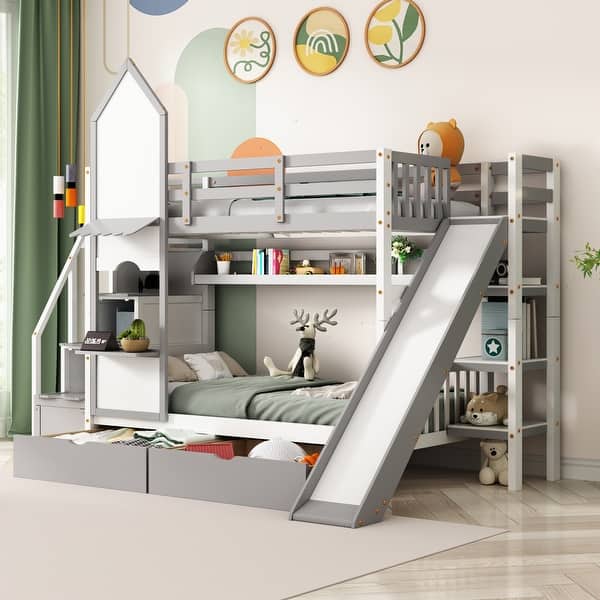 slide 2 of 12, Twin Over Twin Bunk Bed with 2 Drawers & 3 Shelves, Castle Style Bedframe with Slide for Kids Boys/Girls/Teens, Grey Grey - Twin