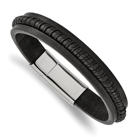 Chisel Stainless Steel Polished Black Leather 8.25-inch Bracelet