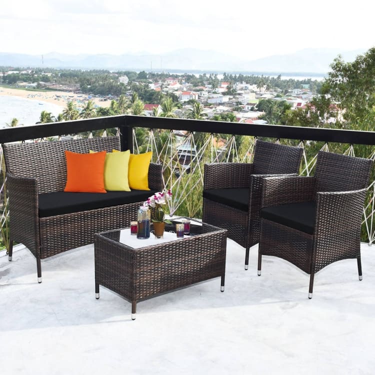 Rattan Patio Conversation Furniture Set with Glass Table and Comfortable Sofa - 4 Pcs