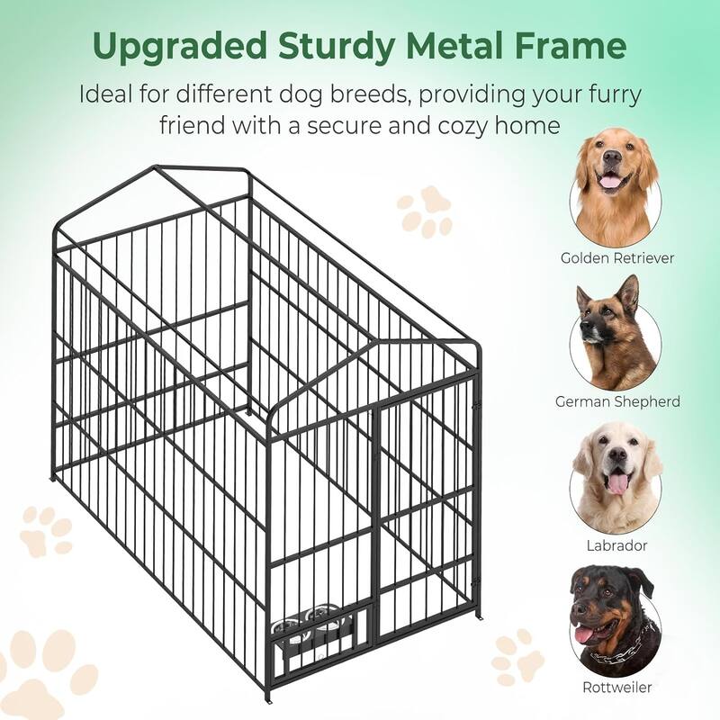 Large Outdoor Dog Kennel with Bowls and 360° Rotating Feeding Door, 6.6×3.9×5.9FT