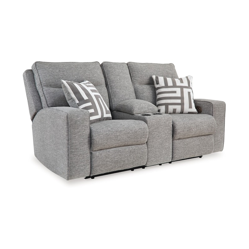 Cloe Power Reclining Loveseat, Gray Performance Nuvella, 2 Pillows