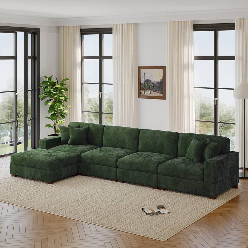 Modern Oversized Chenille Modular Sectional Sofa with Ottoman - Green-5 Piece