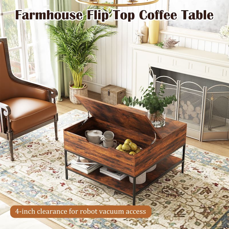 Modern Flip-Top Coffee Table‌ – Dark Walnut & Black Metal Frame, 31.5" Lift-Top with Hidden Storage, Easy Assembly