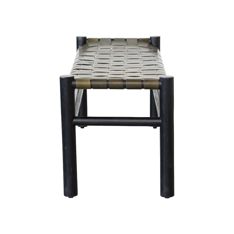 Woven Mango Wood and Buffalo Leather Bench - 39.5"L x 15.0"W x 18.0"H