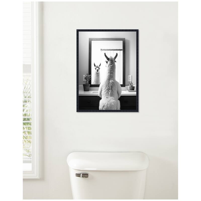 Kate and Laurel Sylvie Llama Bathroom Art Mirror Black and White Framed Canvas by The Creative Bunch Studio
