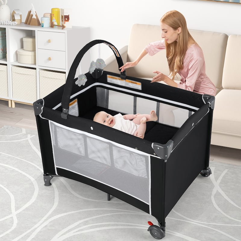 3-in-1 Kids Pack and Play with Changing Table Bassinet, Playpen and Toy Bar - 40.5" x 28" x 28"