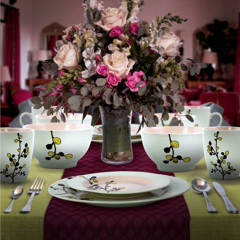 Summer Olive Blossom Round Stoneware Dinnerware Set 16 Pieces