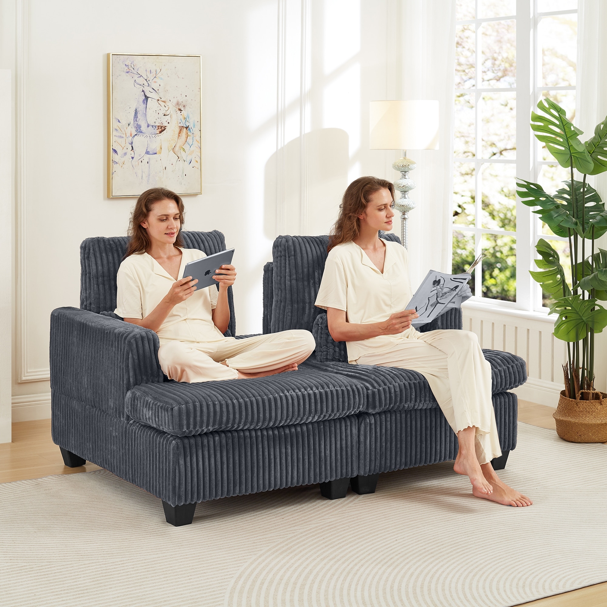 Modern Modular 2-Seater Sofa Corduroy Adjustable Loveseat with Square Armrest, for Living Room, Bedroom, Apartment