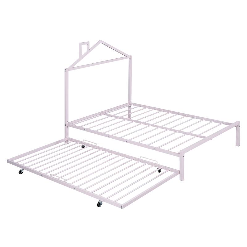 Metal Platform Bed with Twin Size Trundle,House-Shaped Headboard