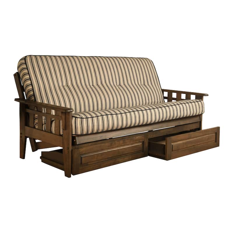 Somette Tucson Full Size Futon Set in Rustic Walnut Finish with Storage Drawers and Mattress