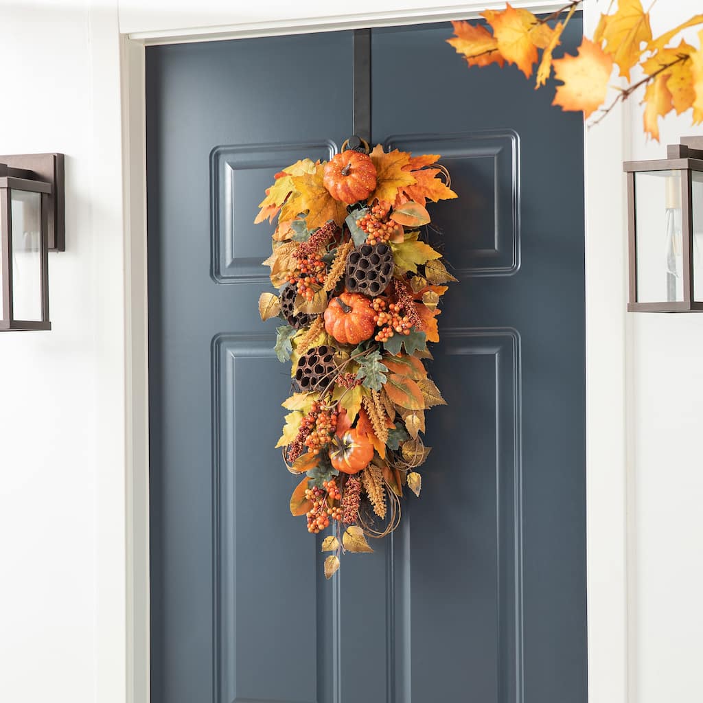 Glitzhome 25"H Fall Pumpkin Lotus Leaf Swag Teardrop Wreath Thanksgiving Door Decor