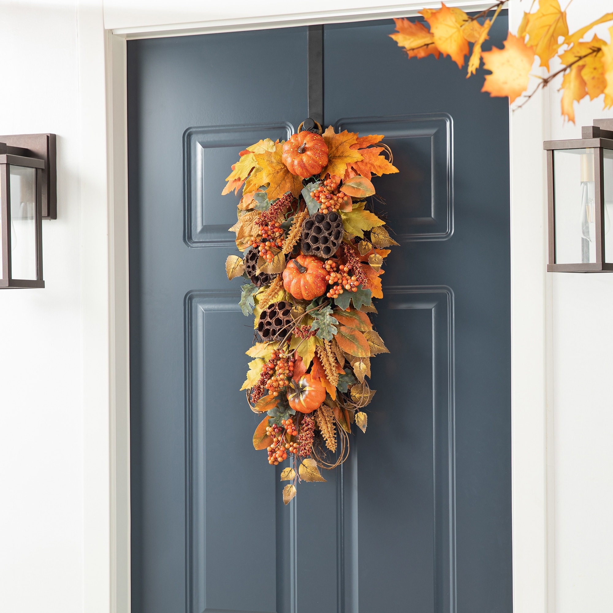 Glitzhome 25"H Fall Pumpkin Lotus Leaf Swag Teardrop Wreath Thanksgiving Door Decor