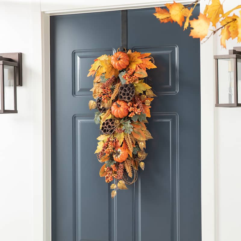 Glitzhome 25"H Fall Pumpkin Lotus Leaf Swag Wreath Thanksgiving Door Decor