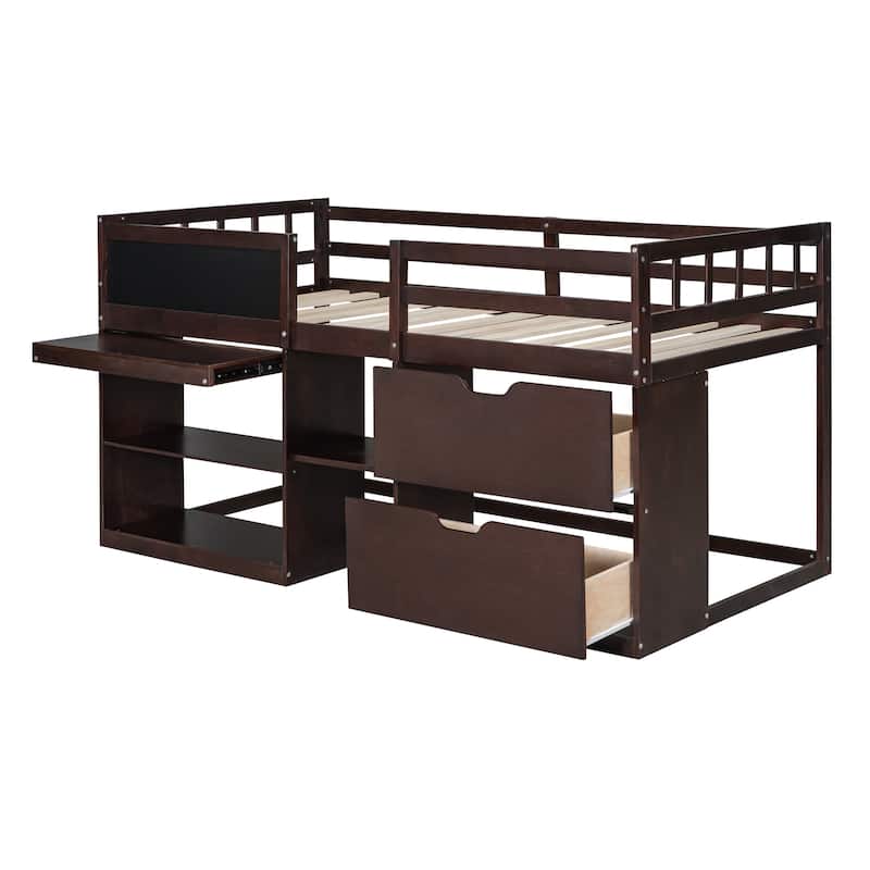 Multifunctional Twin Loft Bed with Rolling Desk, Storage Drawers, Shelves, and Blackboard, Space-Saving Design