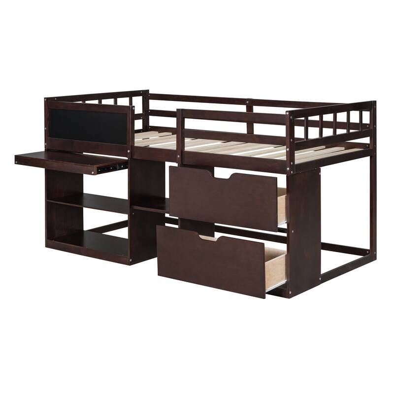 Twin Size Low Loft Bed with Rolling Desk, Shelf, and Drawers in Espresso