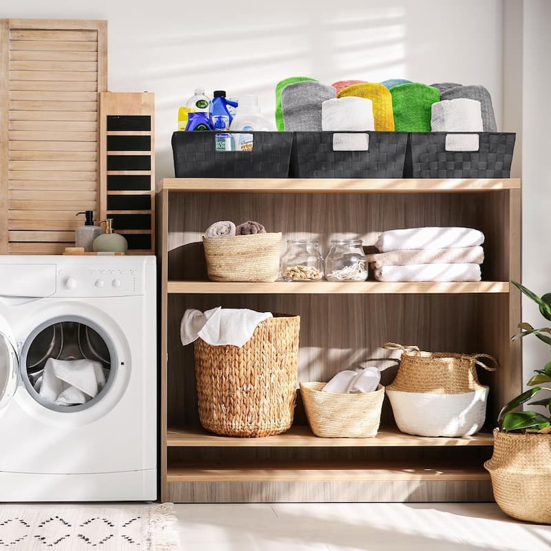 Sorbus Woven Basket Bin Shelf Storage Stackable with Woven Straps & Built-in Carry Handles - Set of 3 - 15.12" L x 13" W x 6" H