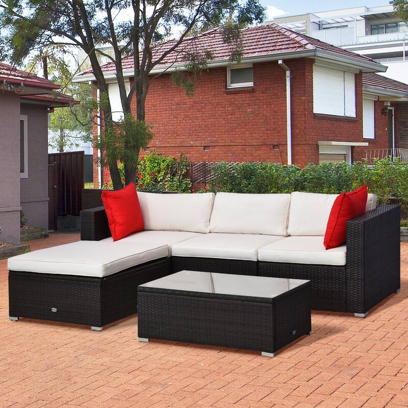 5-Piece Outdoor Sectional Sofa Set PE Rattan Galvanized Steel Frame Patio Deck Garden Couch with Cushions and Ottoman - White