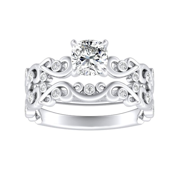 Auriya 1ct Vintage Cushion-cut Moissanite and Diamond Engagement Ring Set 14k Gold. Opens flyout.