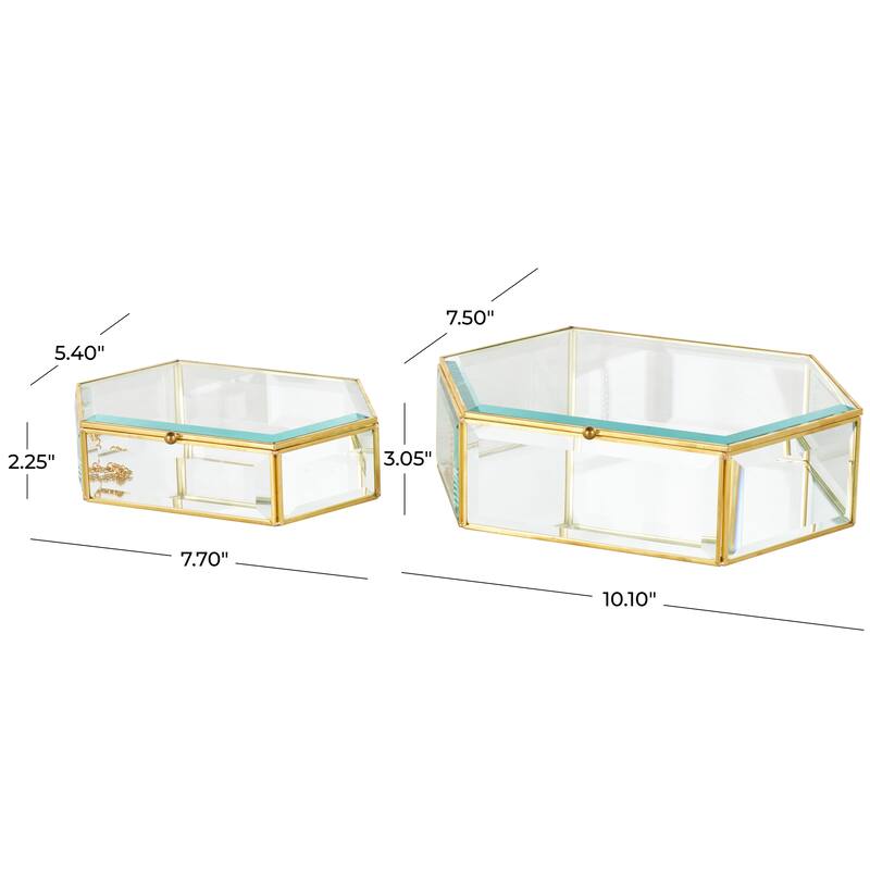 Clear Glass Beveled Hexagon Geometric Decorative Jewelry Box with Gold Metal Frame and Chain Accent (Set of 2)