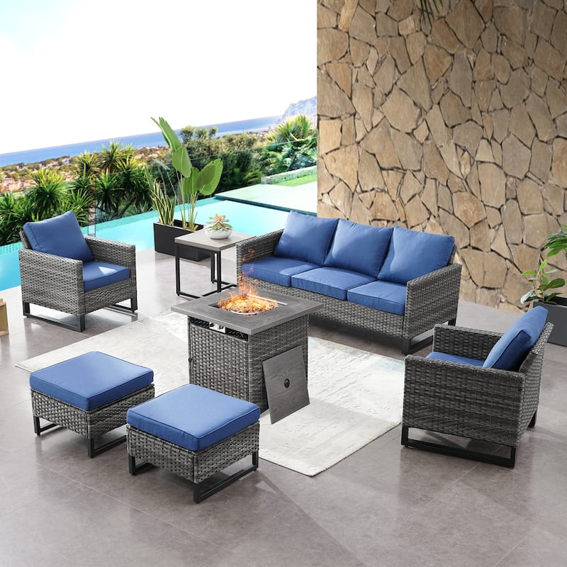 Gymojoy Patio Sofa Chair Set with Propane Fire Pit Table - Blue - Grey