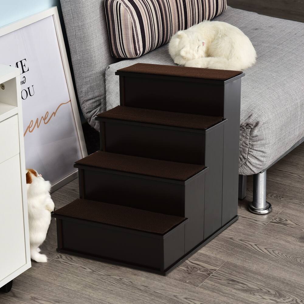PawHut 4-Step Wooden Pet Stair Pet Steps with Soft Short Plush Cushions on Each Step, Dark Coffee - Brown - 4 Stair