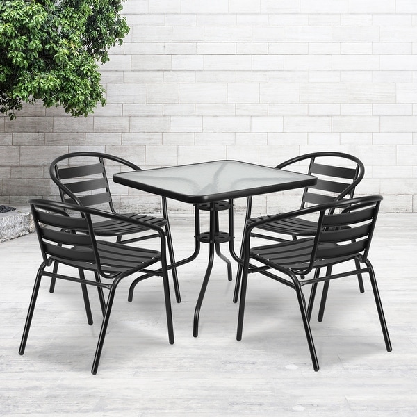 31.5" Square Glass Metal Table with 4 Metal Aluminum Slat Stack Chairs. Opens flyout.
