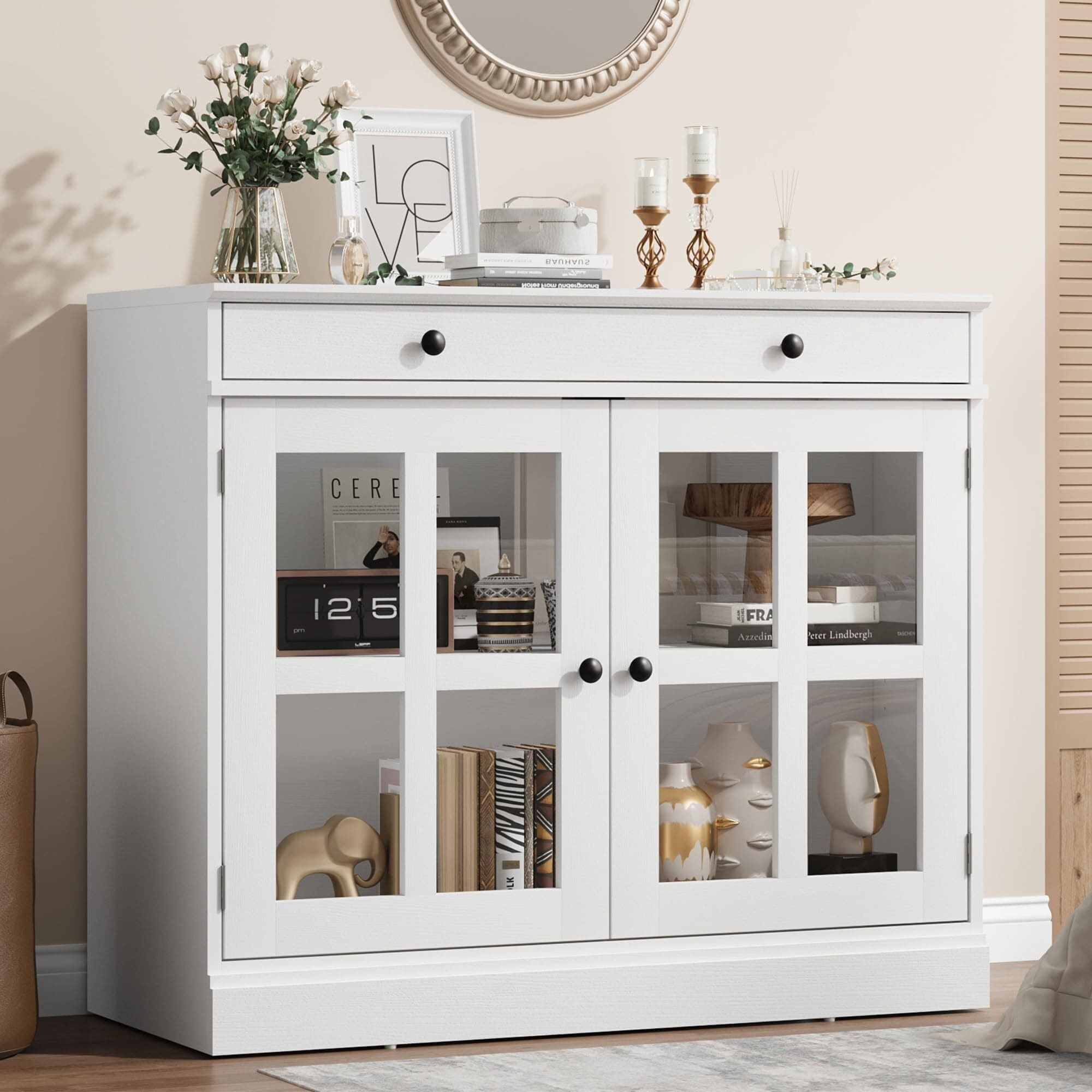 Kitchen Storage Cabinet, 2 Glass Door Buffet Sideboard with a Large Storage Drawer