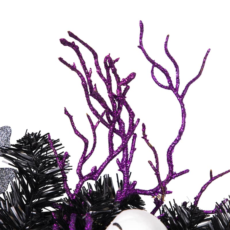 Purple and Black Spooky Skeleton Pine Halloween Wreath, 24-Inch, Unlit