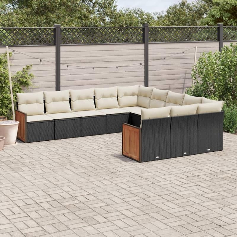 vidaXL Patio Sofa Set with Cushions Outdoor Conversation Furniture Poly Rattan - Black and Cream - 24.4 x 24.4 x 27.2