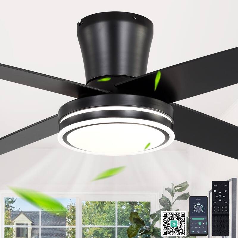 Cusp Barn 44" Low Profile Flush Mount Ceiling Fans with Lights and Remote, Modern 6 Speeds Quiet Reversible DC Motor Ceiling Fan - Black