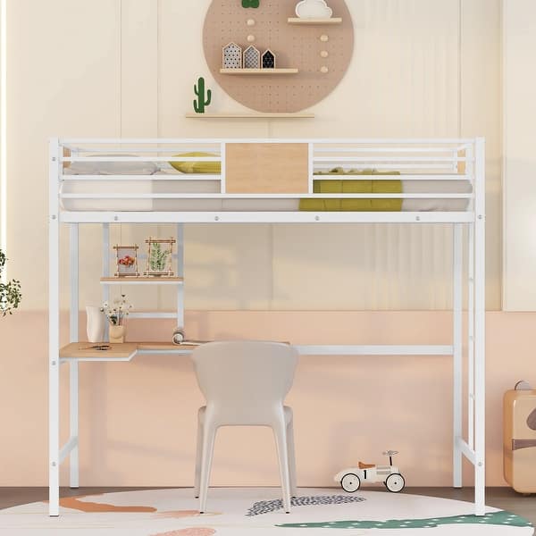 slide 2 of 13, Multiple Functions Design Loft Bed with Guardrail, one Shelf and Built-in Desk, Twin Size, White White