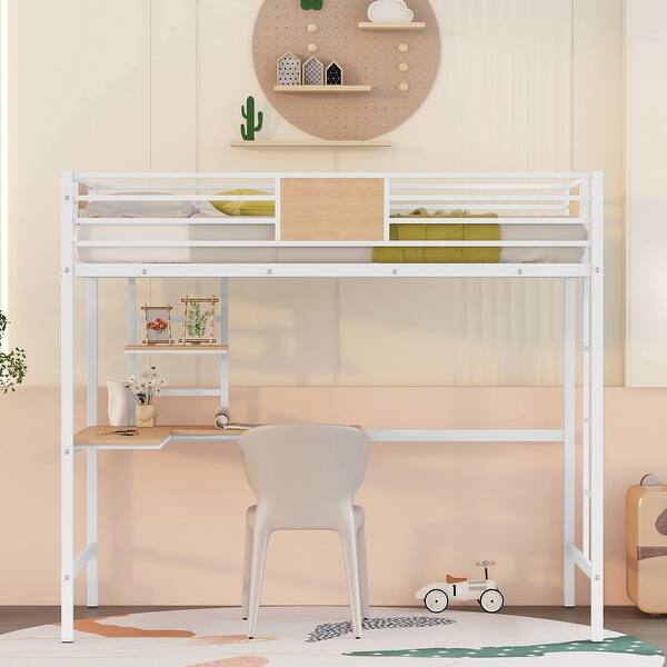 slide 2 of 24, Twin Size Metal Loft Bed wL-shaped Desk, Bookshelf, Ladder, Guardrail White - Twin