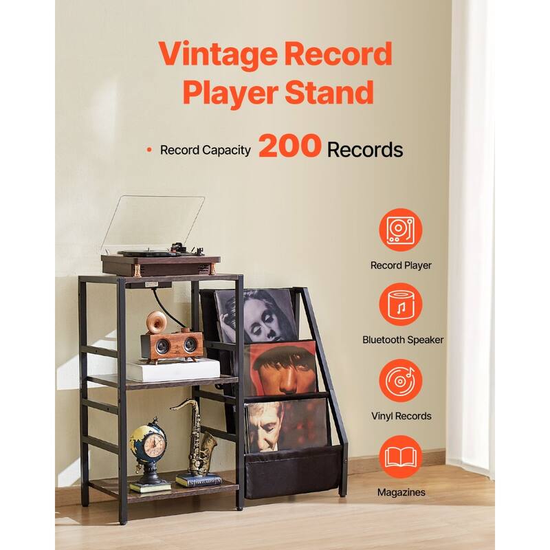 Black 3-Tier Record Player Shelf with Built-in Power Strip Music-Sync Lights and 200 Vinyl Storage Slots