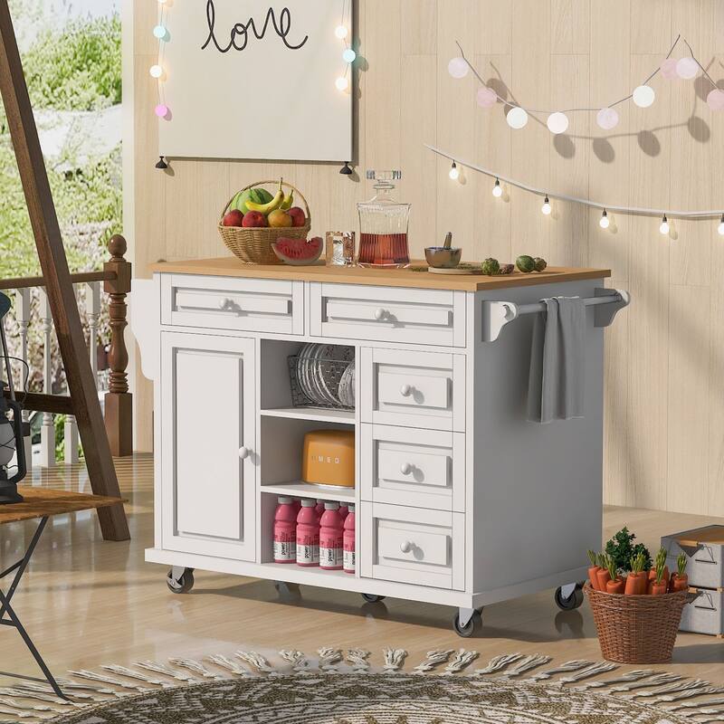 Rolling Kitchen Island Cart with Rubber Wood Top, 5 Drawers, Storage Cabinet & Adjustable Shelves - 53" Black