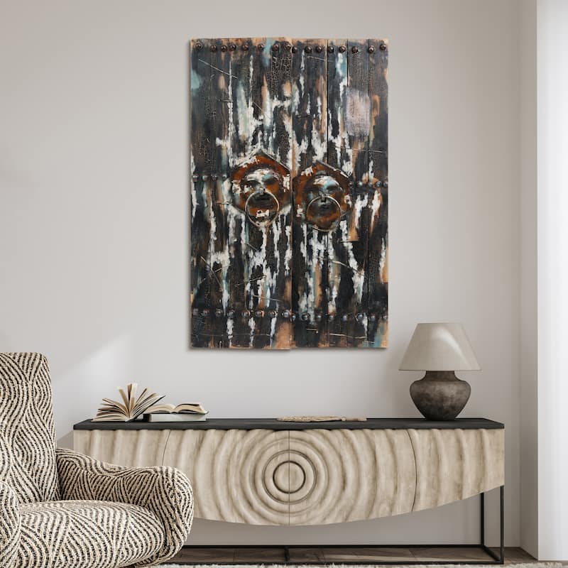 "Antique Wooden Doors 2" Metallic Handed Painted Rugged Wooden Blocks Wall Décor