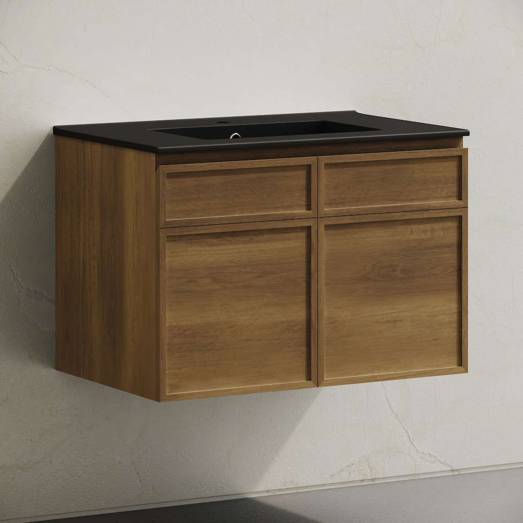 St. Tropez 30" Wall-Mounted Bathroom Vanity In Brown Oak With Black Sink Top - 30