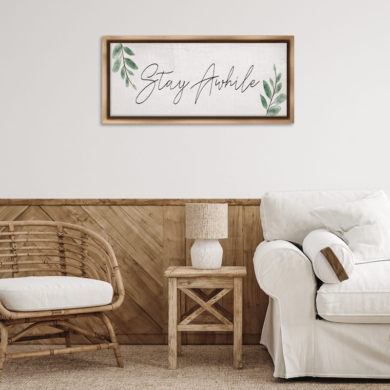 Stupell Stay Awhile with Plant Sprigs Framed Floater Canvas Wall Art Design By Lil' Rue