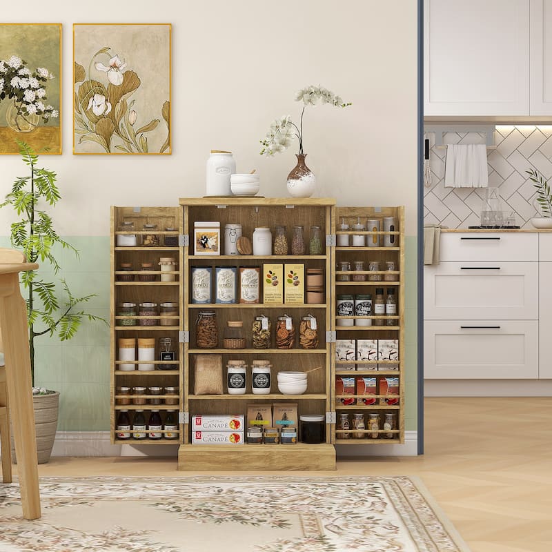 Natural 5-Tier Kitchen Pantry Cabinet with Adjustable Shelves Spice Racks and Magnetic Doors - 23.6" W x 11.8" D x 40.9" H