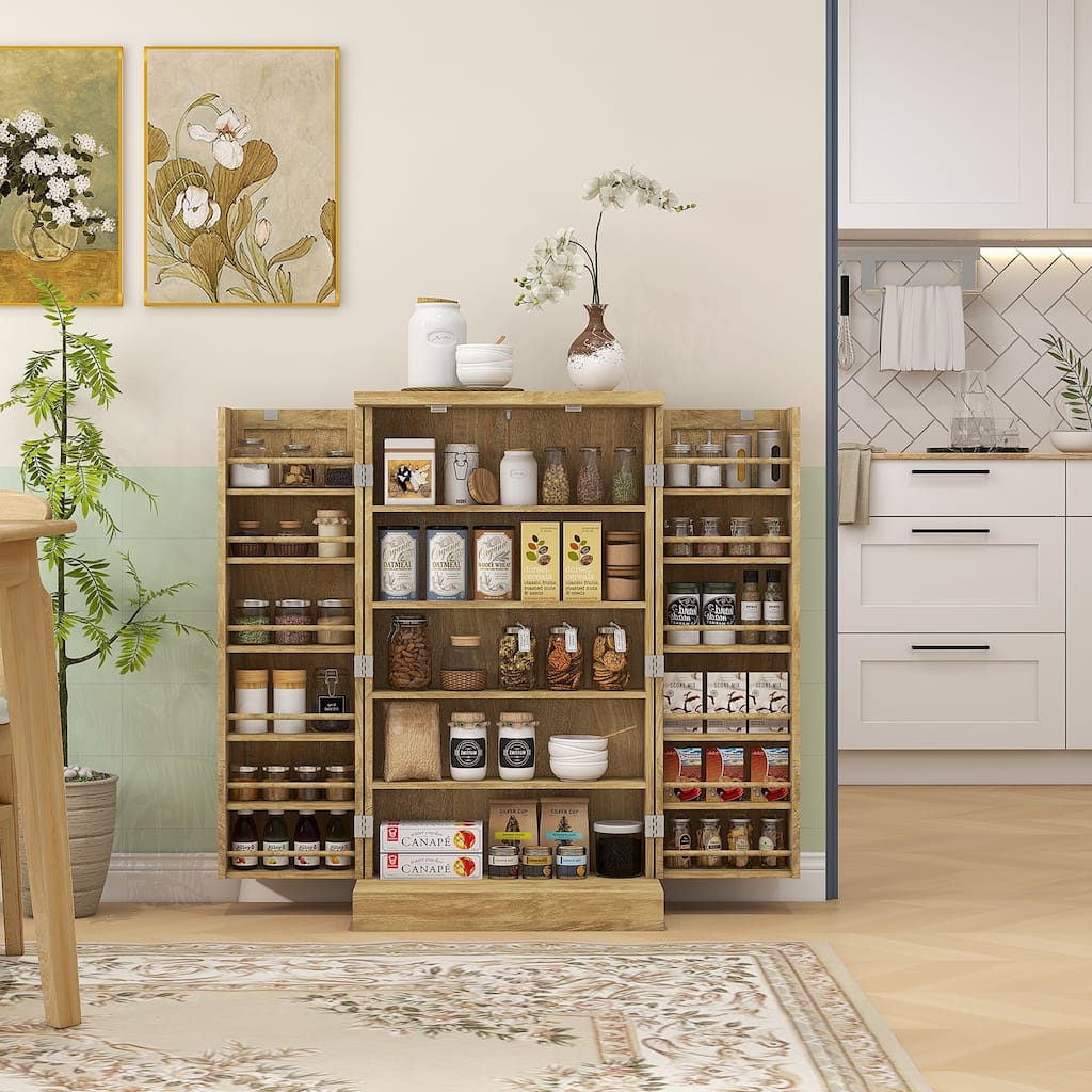 Natural 5-Tier Kitchen Pantry Cabinet with Adjustable Shelves Spice Racks and Magnetic Doors - 23.6" W x 11.8" D x 40.9" H