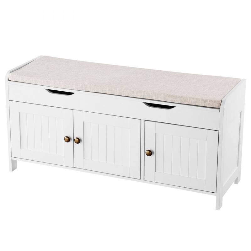 White Shoe Storage Bench with Adjustable Shelves and Cream Cushion Seating for Entryway Organizer - 41.3 x 13.8 x 19.8 Inch