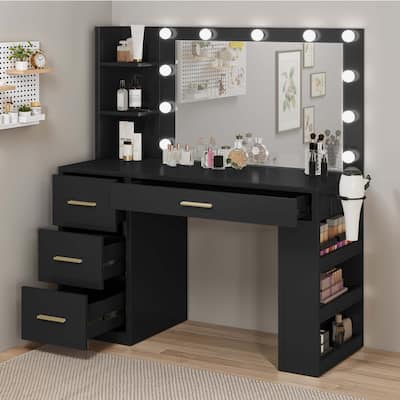Moasis 39.5"W Bedroom Makeup Vanity Desk with Mirror and Power Outlets&Hairdryer Holder