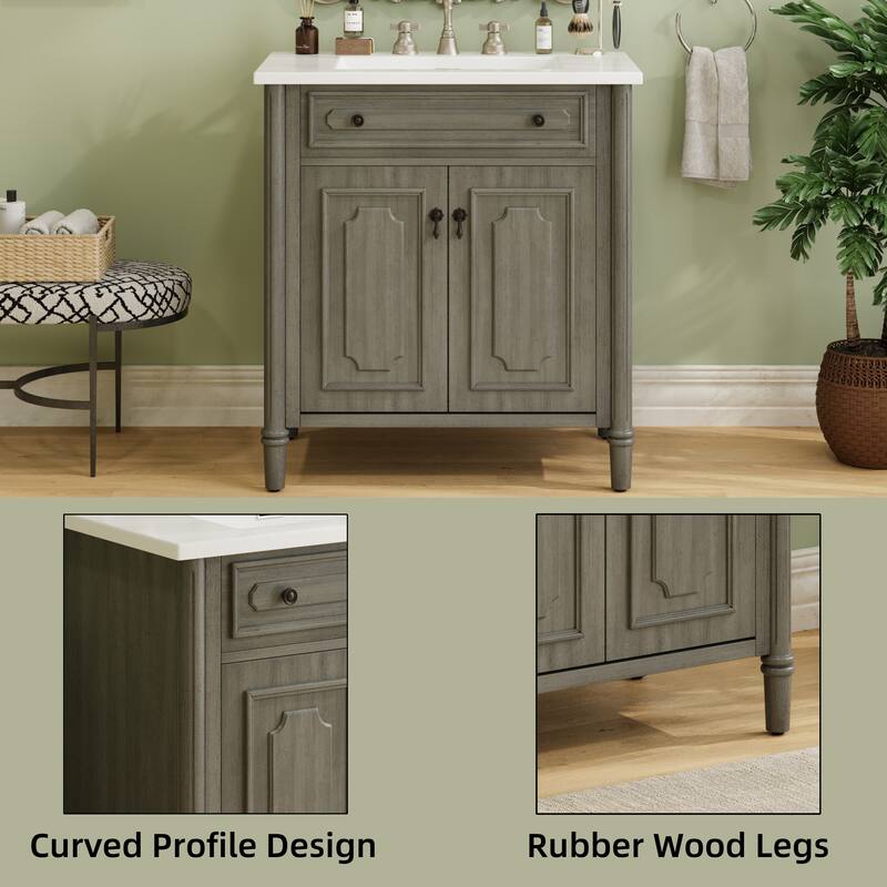 31 Inch Vintage Bathroom Vanity with Sink Soft Close Doors Adjustable Shelf Rubber Wood Legs, Curved Profile Design