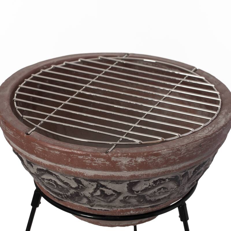 Outdoor Small Red and Gray Clay Grill Accent Design Charcoal Burning Fire Pit with Sturdy Metal Stand, Barbecue, Cocktail Party