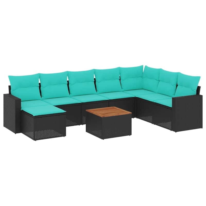 vidaXL 9 Piece Patio Sofa Set with Cushions Black Poly Rattan - 24.4" x 24.4" x 27.2"