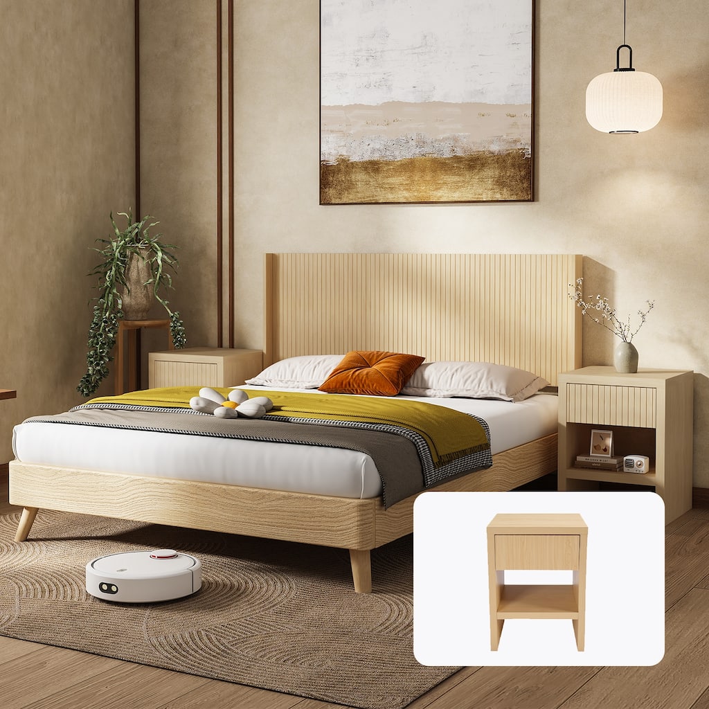 Night Stand with Drawer Storage Fluted Bed Side Table End Table Large Modern Mid Century Night Stands