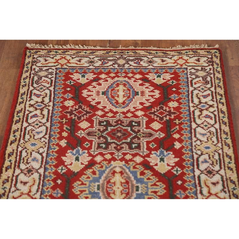 Geometric Red Kazak Indian Runner Rug Handmade Wool Carpet - 2'5"x 7'10"