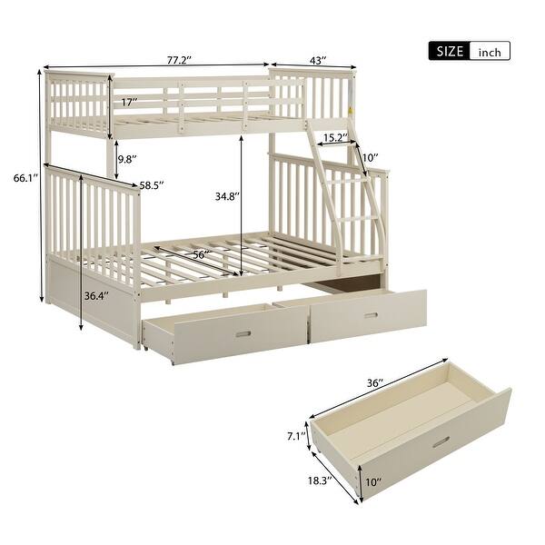 Contemporary Style Twin Over Full Bunk Bed with Sloping Ladder,Wooden Bunk Bed with Safety Guard Rails and Storage Drawers