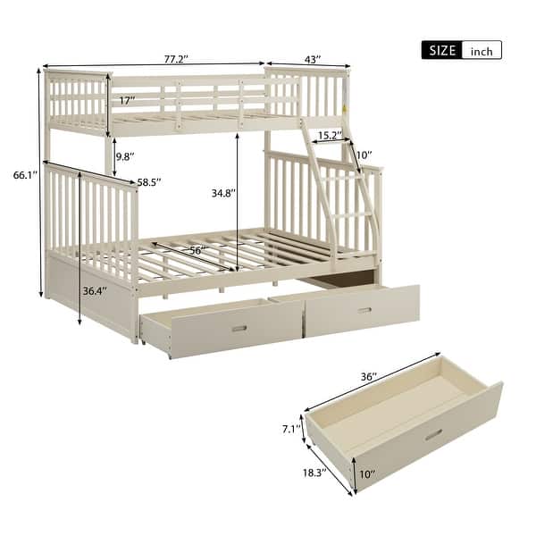 Cream Twin over Full Wood Bunk Bed with Storage Drawers, Ladder and Safety Guard Rails