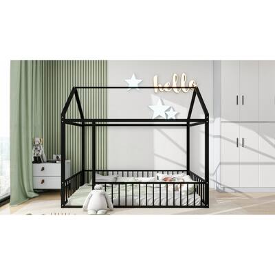 Twin Size Black Metal Bed House Bed Frame with Fence